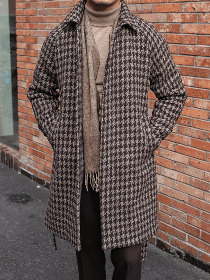 Men's Classic Houndstooth Single-Breasted Open-Pocket Design Casual Woolen Coat (Belt Included)