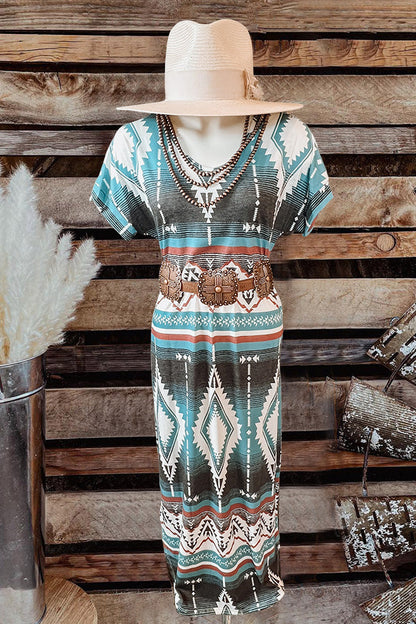 Vintage Western Aztec Print T-Shirt Long Dress