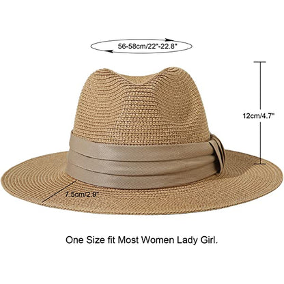 Wide Brim Straw Panama Roll up Hat Belt Buckle Fedora Beach Sun Hat