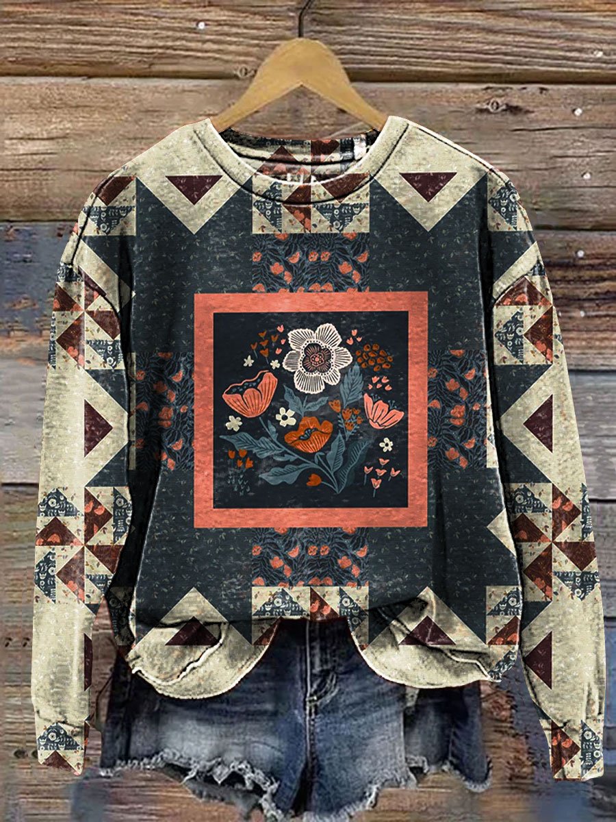 Retro Geometric Floral Art Print Casual Sweatshirt