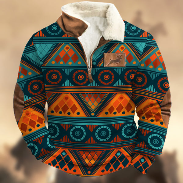 Men's Vintage Fleece Tribal Ethnic Prints Elk Logo Zipper Fur Collar Sweatshirt