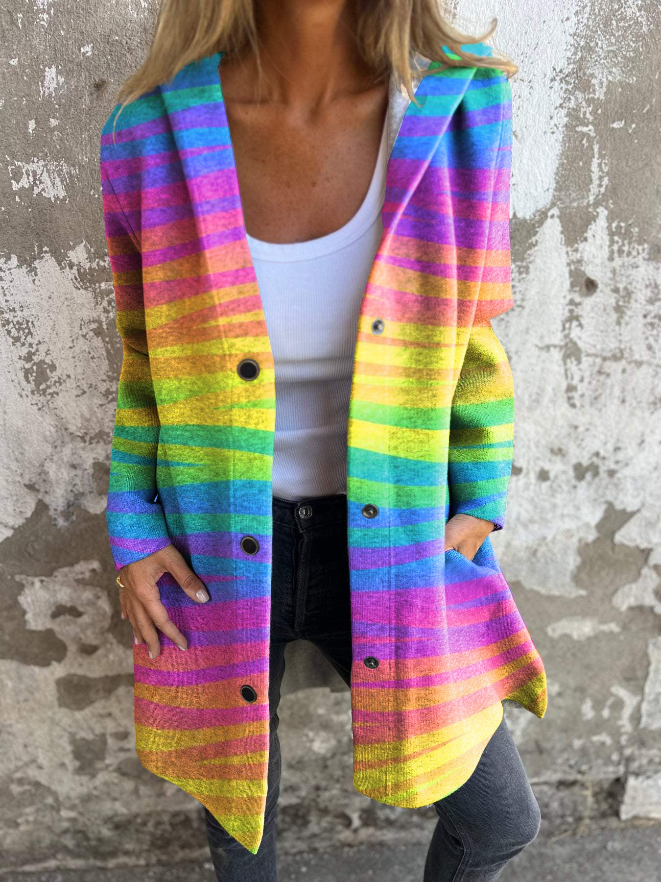 Colorful Rainbow Print Long Sleeve Button Hooded Jacket