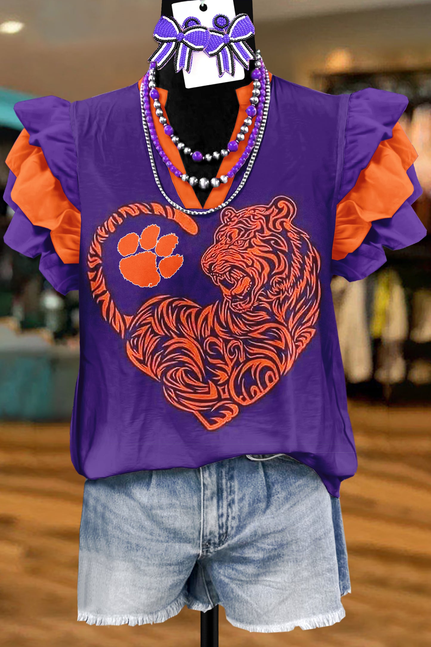 Vintage Clemson Tigers Print Fly Sleeve Blouse