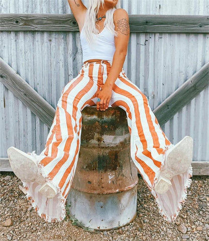 Retro Orange Striped Print Flared Jeans