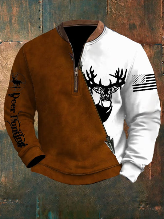 Men's Vintage Western Elk Hunting Zip Neck Sweatshirt