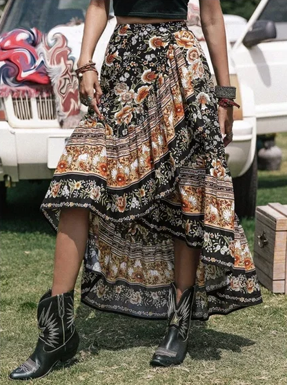 Bohemian floral paisley print ruffled high-low maxi dress