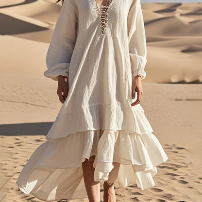 Women White Oversized Ruffles Cotton Long Dress