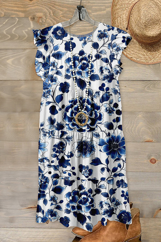 Blue Flower Print Ruffled Dress