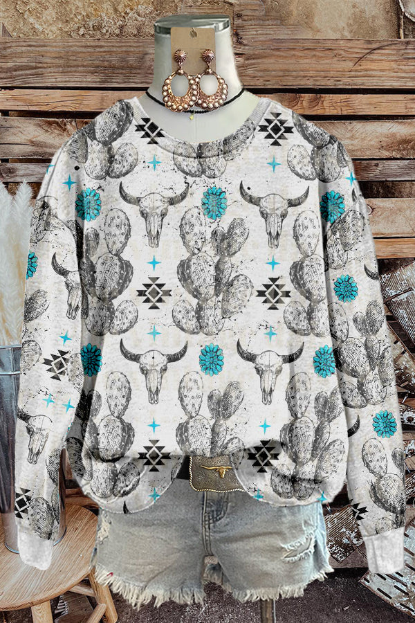 Retro Western Bull Head Print Sweatshirt