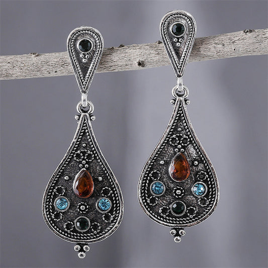 Personalized Retro Three-color Gemstone Geometric Water Drop Simple Fashion Earrings