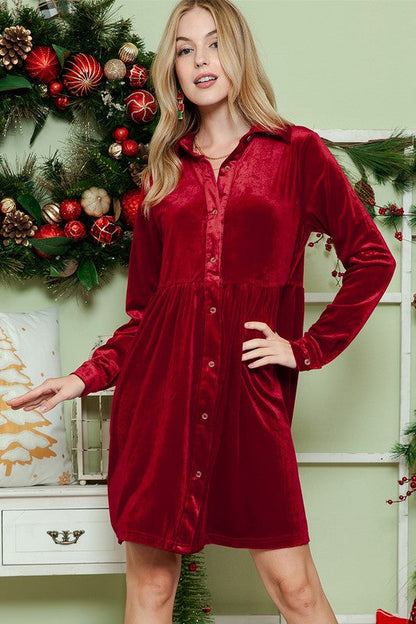 Button down Velvet long sleeve dress Red or Green