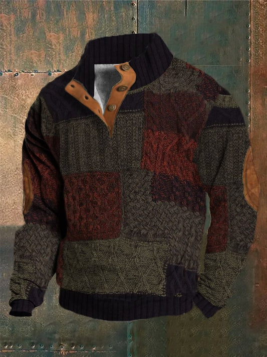 Men's Western Vintage Knitted Patchwork Printed Stand Collar Button Sweatshirt