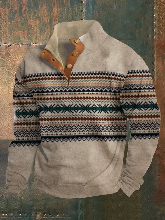 Men's Western Color Block Art Print Stand Collar Button Sweatshirt