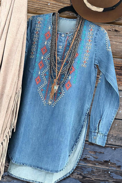 Western Embroidered Long Denim Top