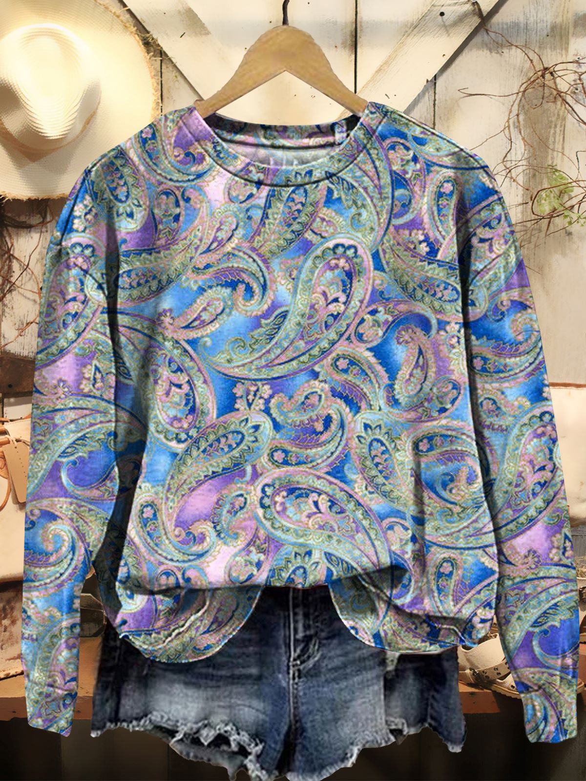 Women's Paisley Floral Art Print Casual Crew Neck Sweatshirt