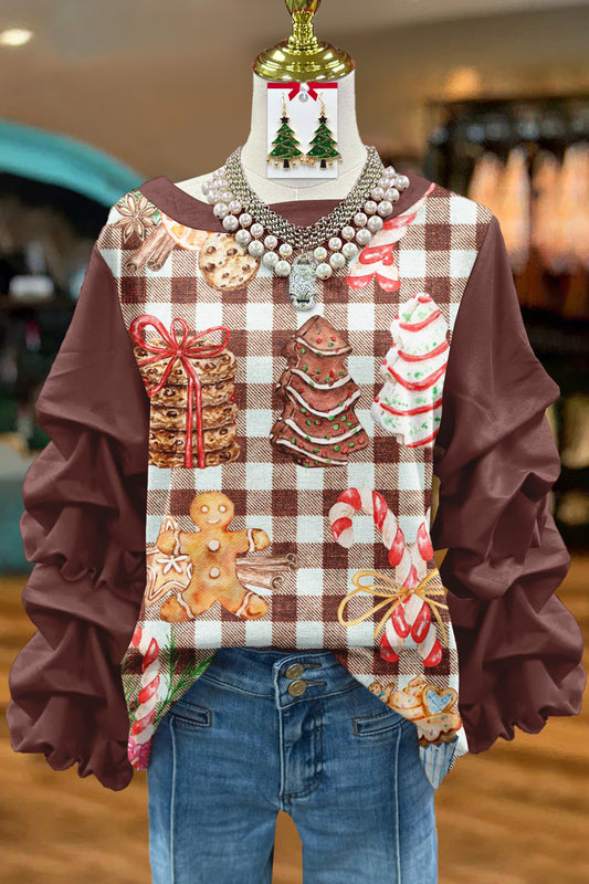 Cute Christmas Gingerbread Man Printed Pleated Sweatshirt