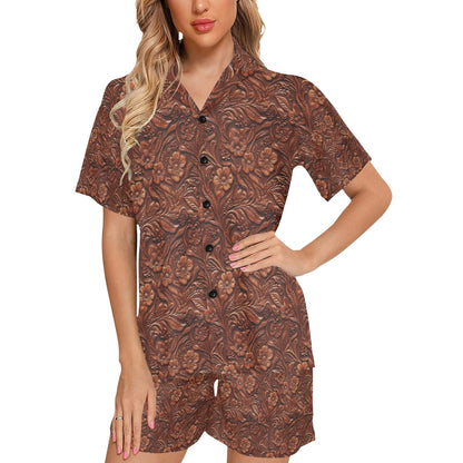 Leather Floral Print Women's Pajama Set