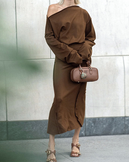 Slant-Necked Shoulder-Length Long-Sleeved Half Skirt Suit