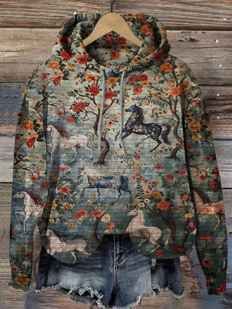 Vintage Floral Horse Print Casual Top