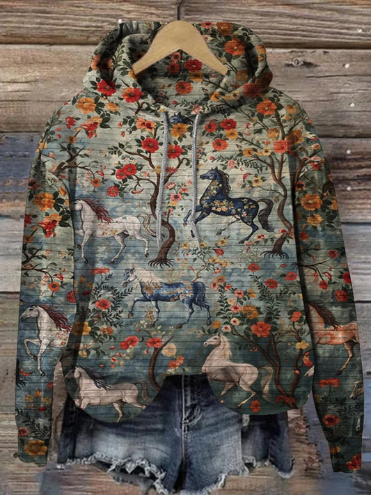 Vintage Floral Horse Print Casual Top