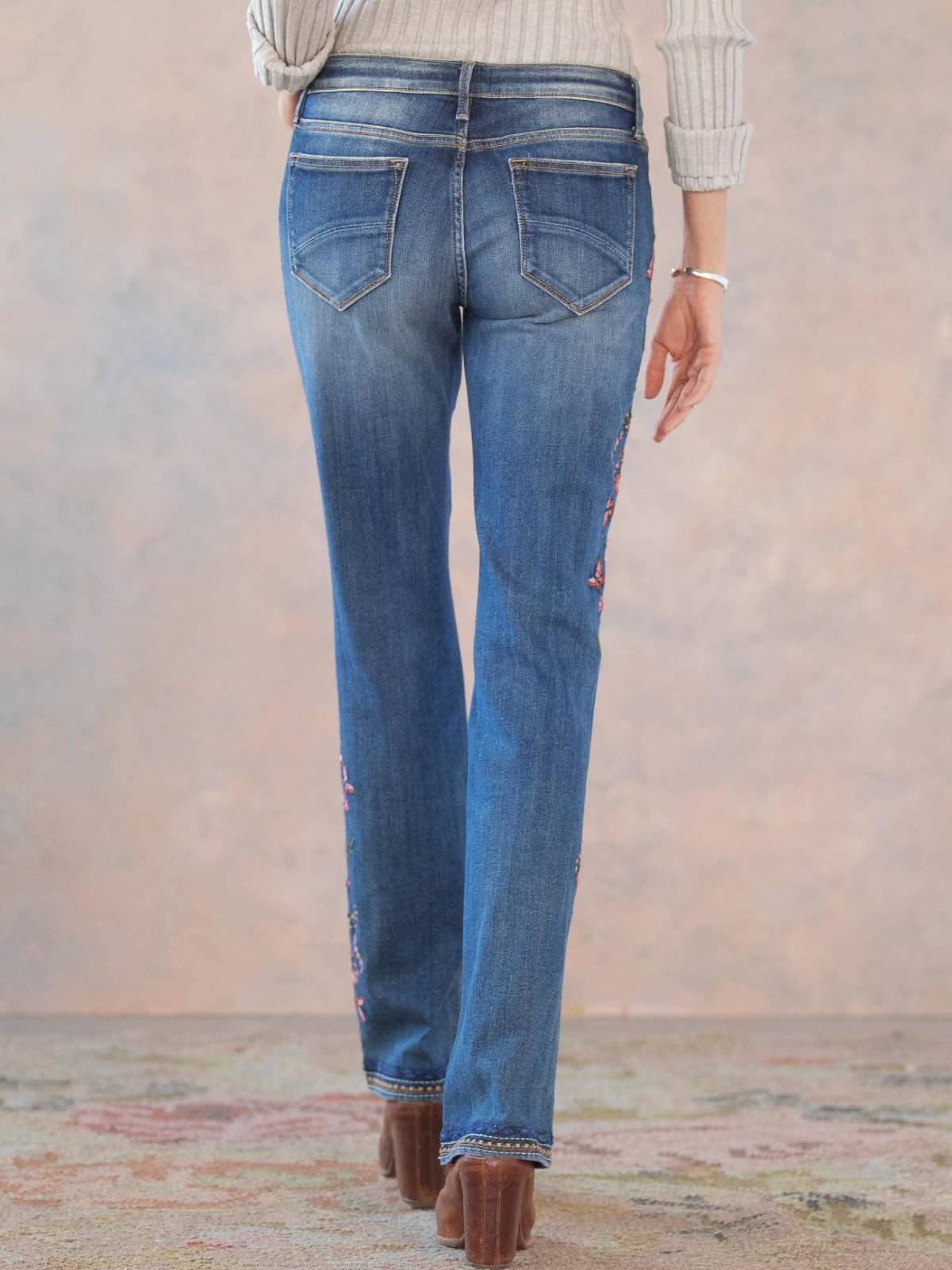 Blue Washed Floral Casual Denim Pants