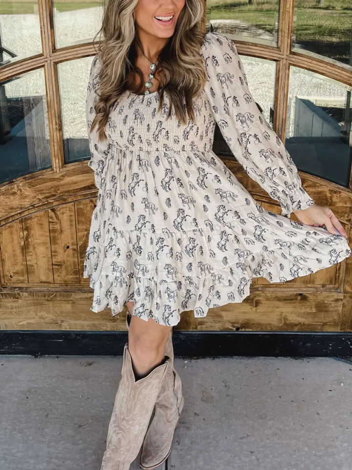 Horse Print Puff Sleeve Tiered Mini Dress