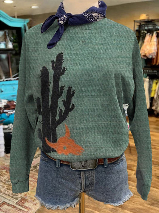 Vintage Western Cactus Print Casual Sweatshirt