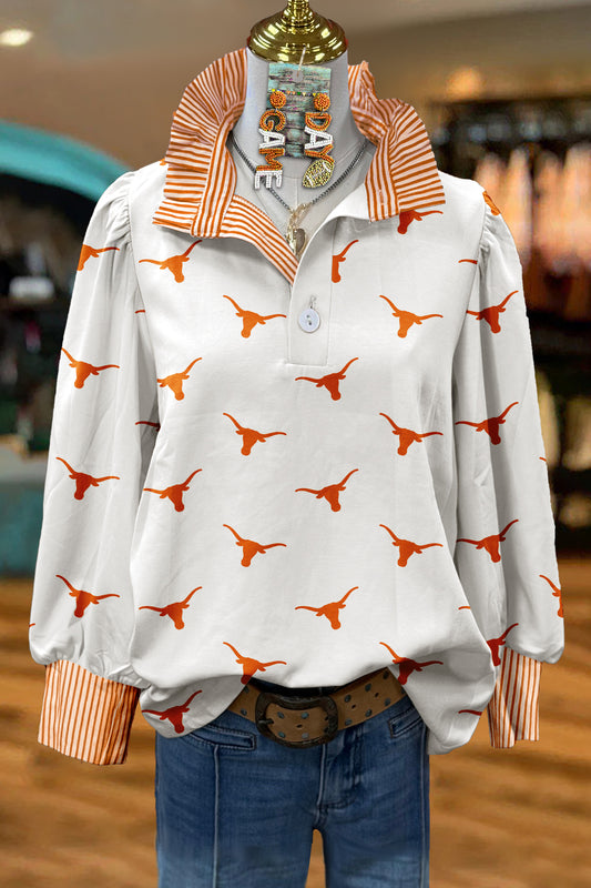 Classic Texas Longhorns Print Stand Collar Blouse