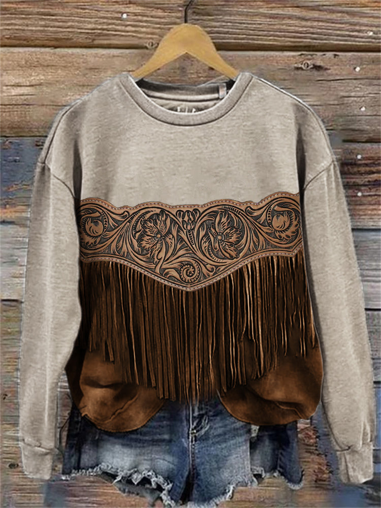 Western Floral Leather Tassels Sweatshirt