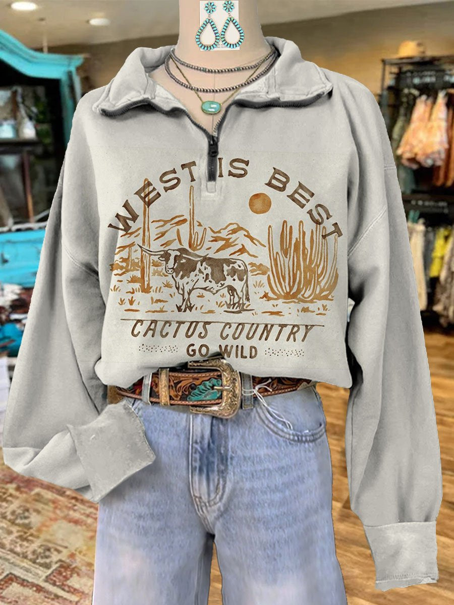 West Is Best Print Casual Long Sleeve Zip Sweatshirt