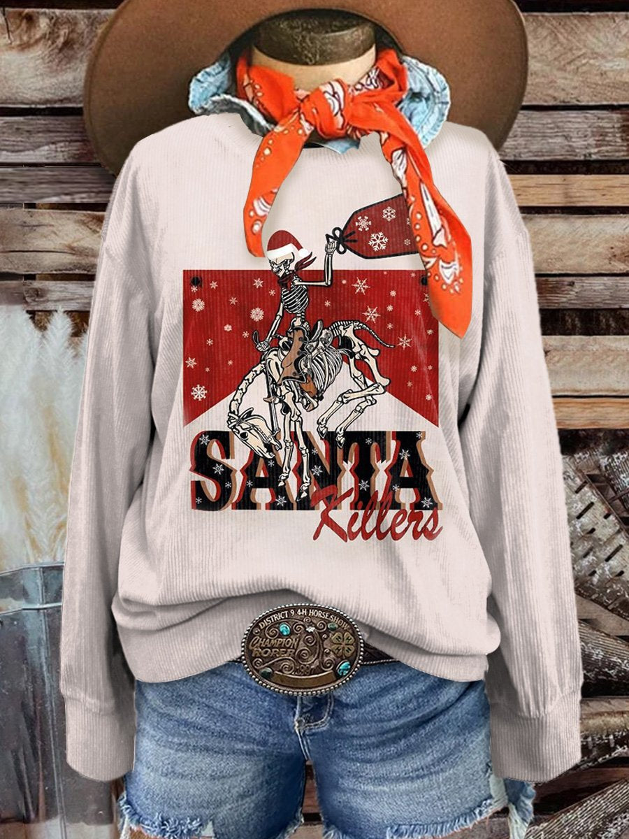 Women's Christmas Santa Western Skeleton Riding A Horse Casual Print Corduroy Sweatshirt