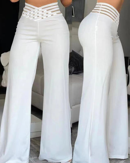 Cut-Out Belt High-Waisted Casual Wide-Leg Pants