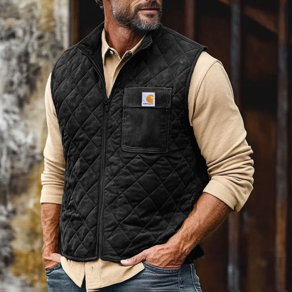 Men's Vintage Pocket Suede Quilted Zip Vest Outdoor Motorcycle Stand Collar Vest Jacket