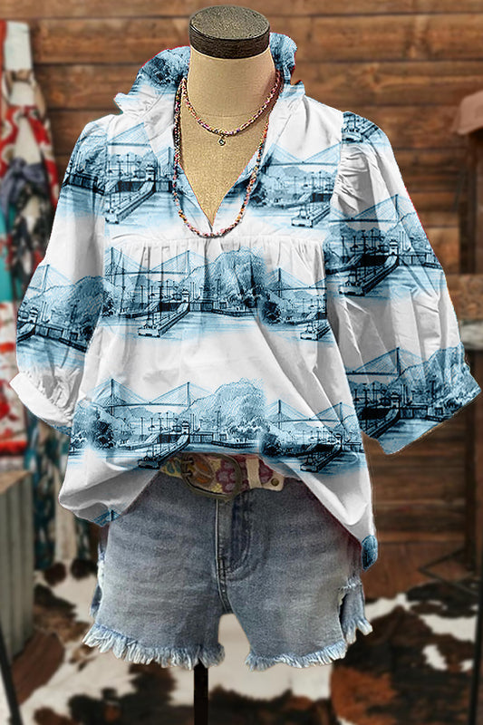 Fresh Panama Canal Print Puff Sleeve Blouse