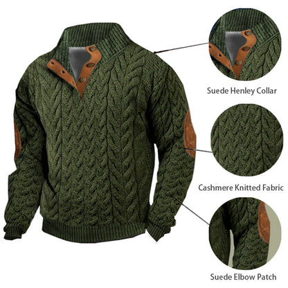 Men's Casual Retro Cashmere Knitting Stand Collar Button Sweatshirt Army Green Suede Elbow Patch Top