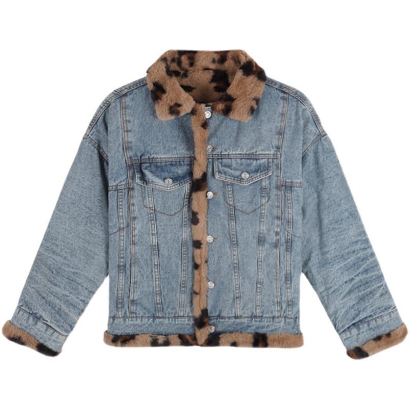 Leopard Print Thickened Denim Jacket Women's Retro Jacket Reversible