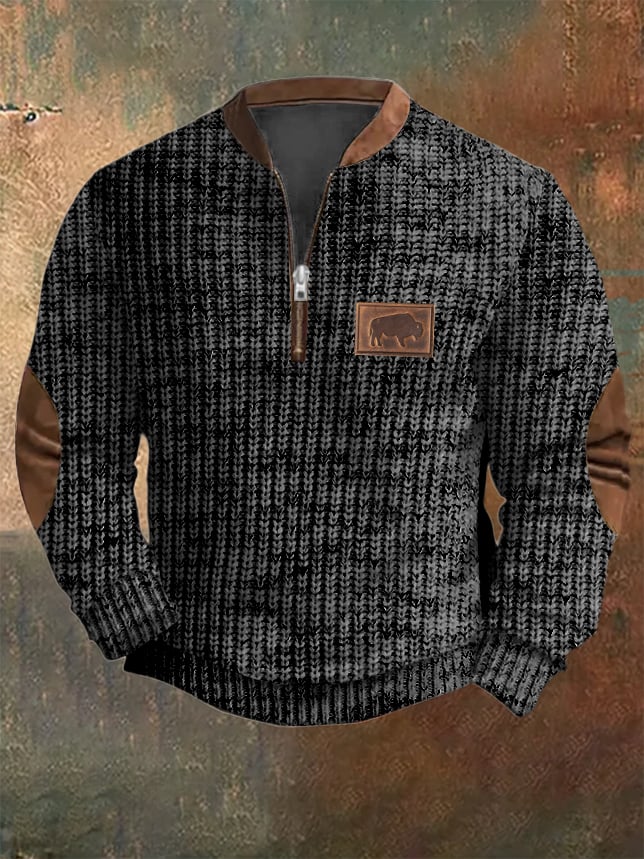 Men's Western Vintage Knitted Jacquard Print Zip Collar Sweatshirt