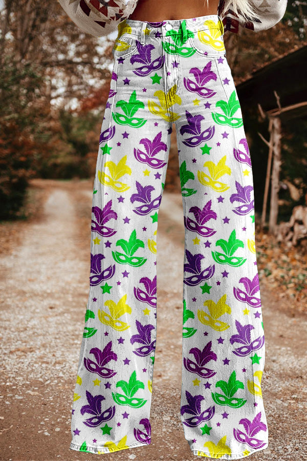 Vintage Mardi Gras Print Wide Leg Trousers