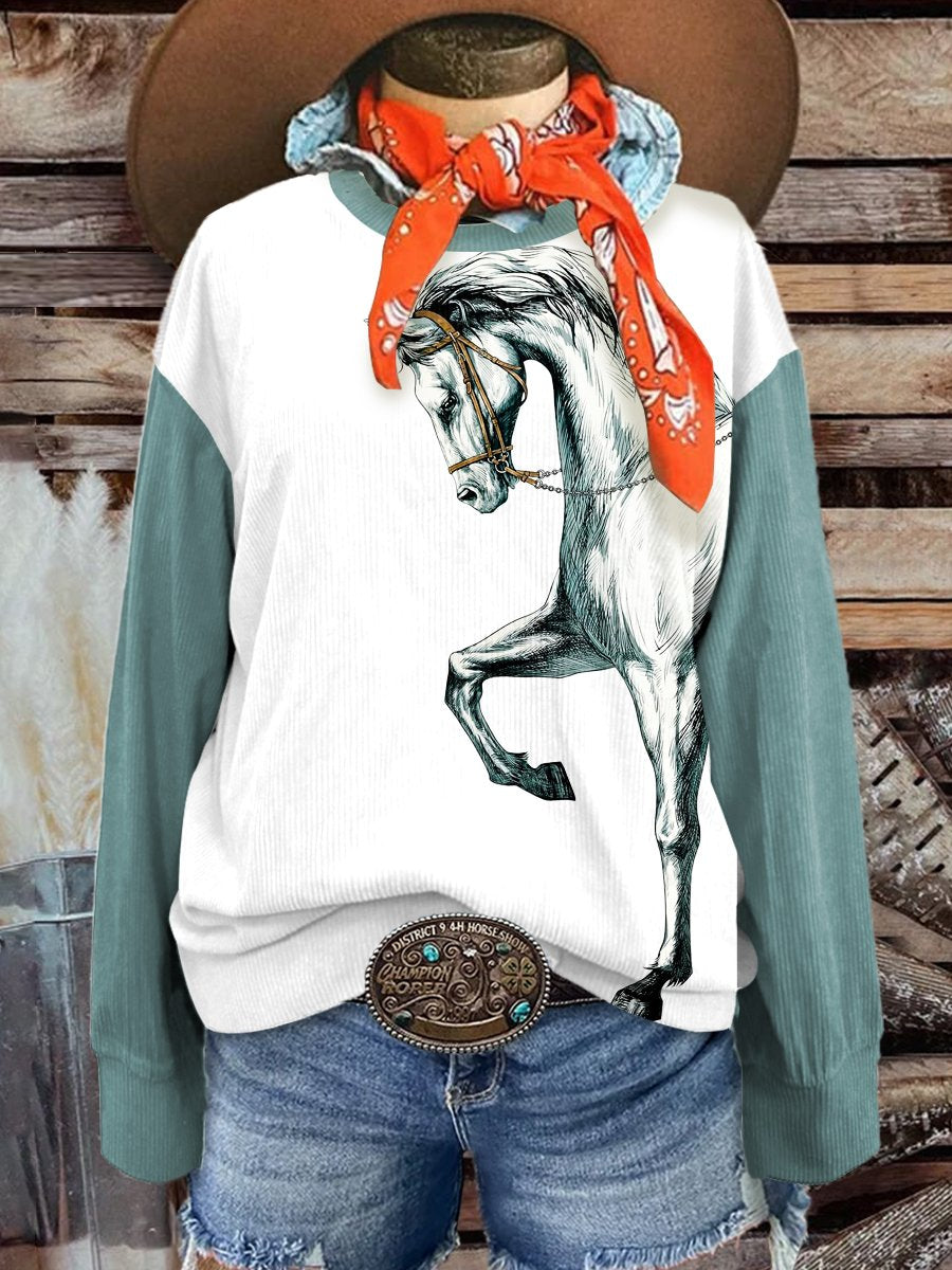 Women's Stylish Wild West Horse Art Print Casual Print Corduroy Sweatshirt