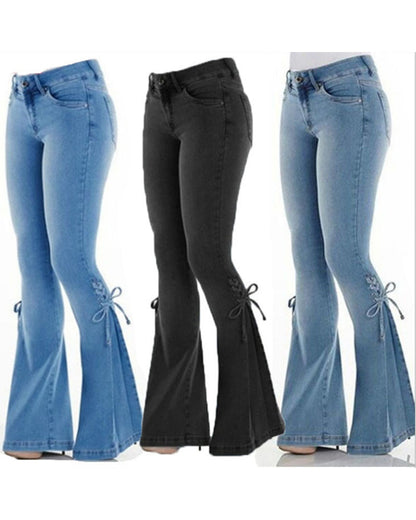 Mid Rise Tie Denim Trousers Stretch Jeans Women's Flare Pants