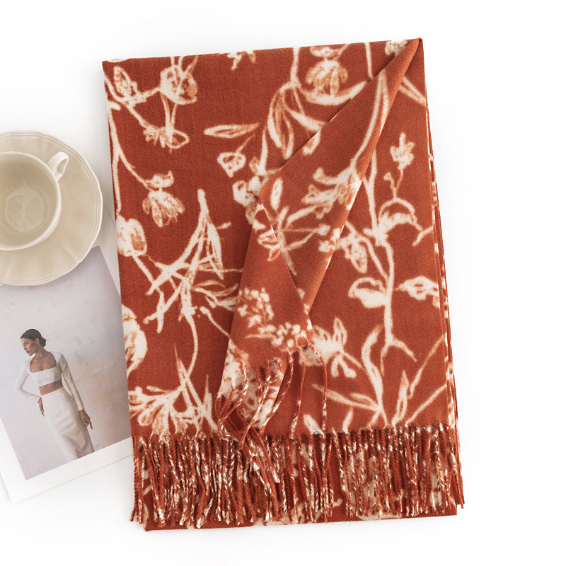 Classic Floral Print Soft Tassel Scarf