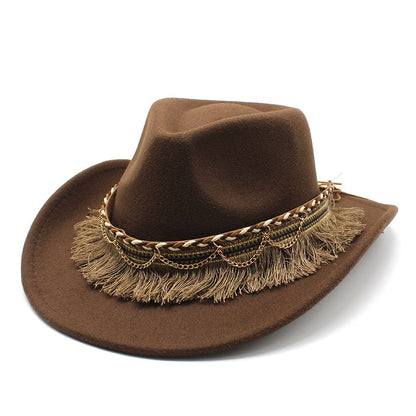 Unisex Fall Vintage Western Cowboy Woolen Tassel Sun Protection Wide Brim Hat