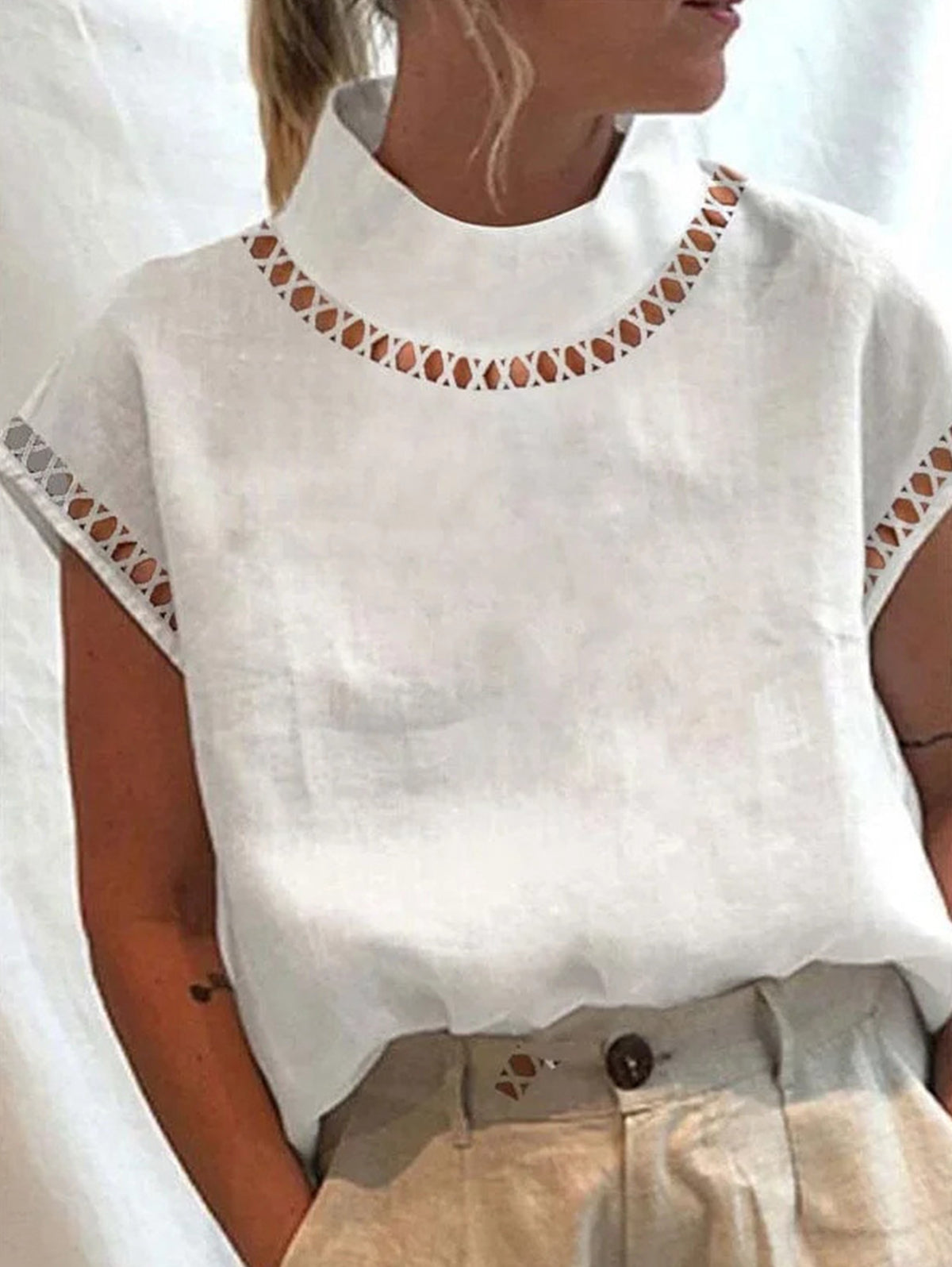 Casual Hollow Out High Neck Short Sleeve Blouse