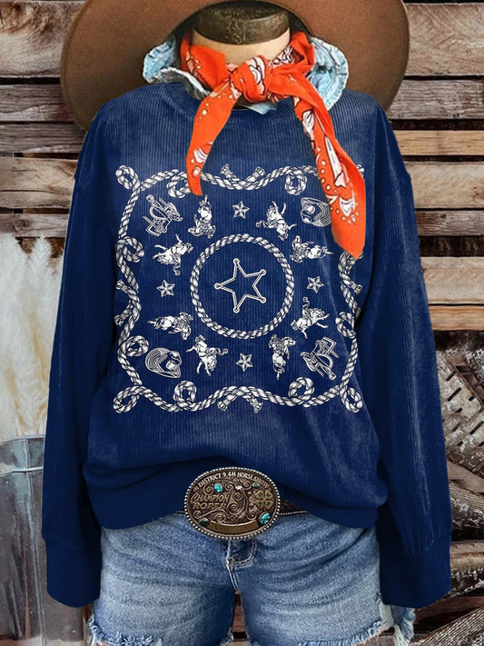 Women's Vintage Blue Western Cowboy Stars Print Casual Corduroy Sweatshirt