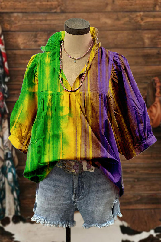 Stylish Mardi Gras Puff Sleeve Blouse