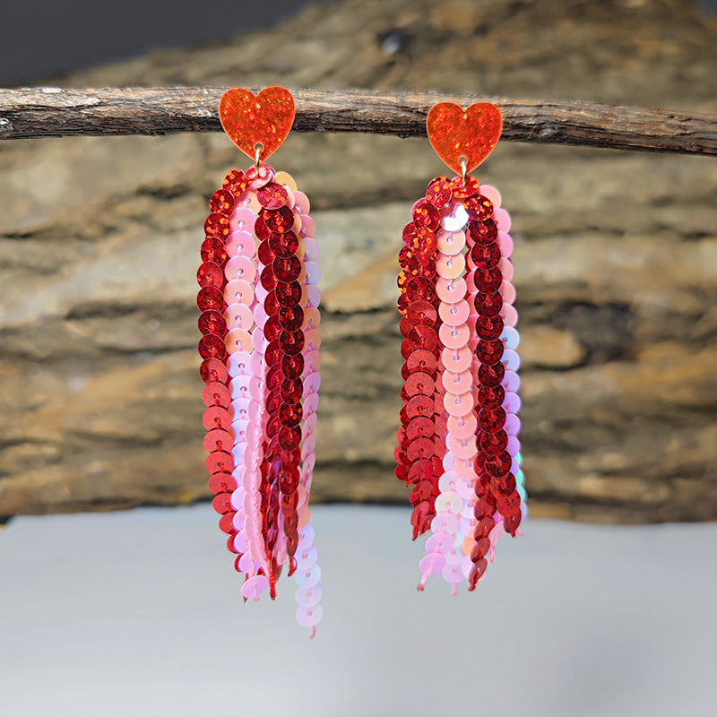 Valentine's Day Shiny Laser Sequin Love Tassel Earrings