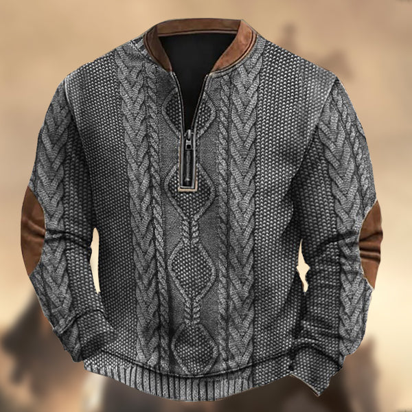 Men's Vintage Western Knit Print Zipper Stand Collar Casual Sweatshirt