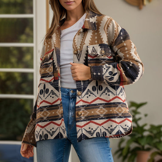 Women's Thickened Vintage Aztec Print Tweed Jacket