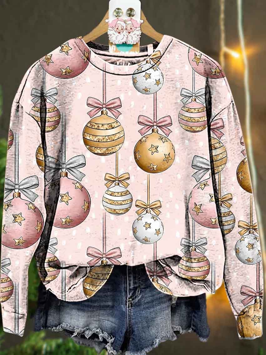 Christmas ball colorful Pink bow Casual  Sweatshirt