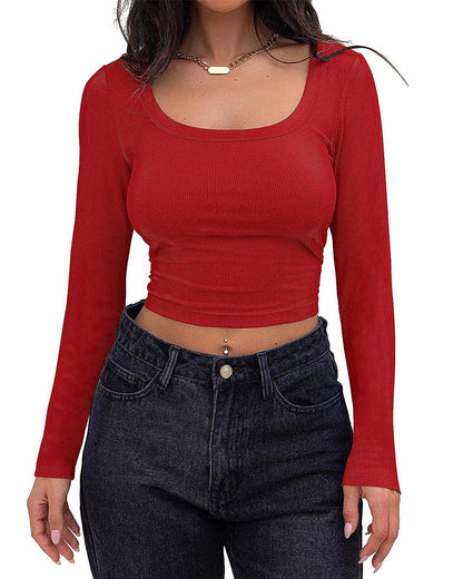 Threaded Ribbed Slim Short Long Sleeve Square Neck T-Shirt